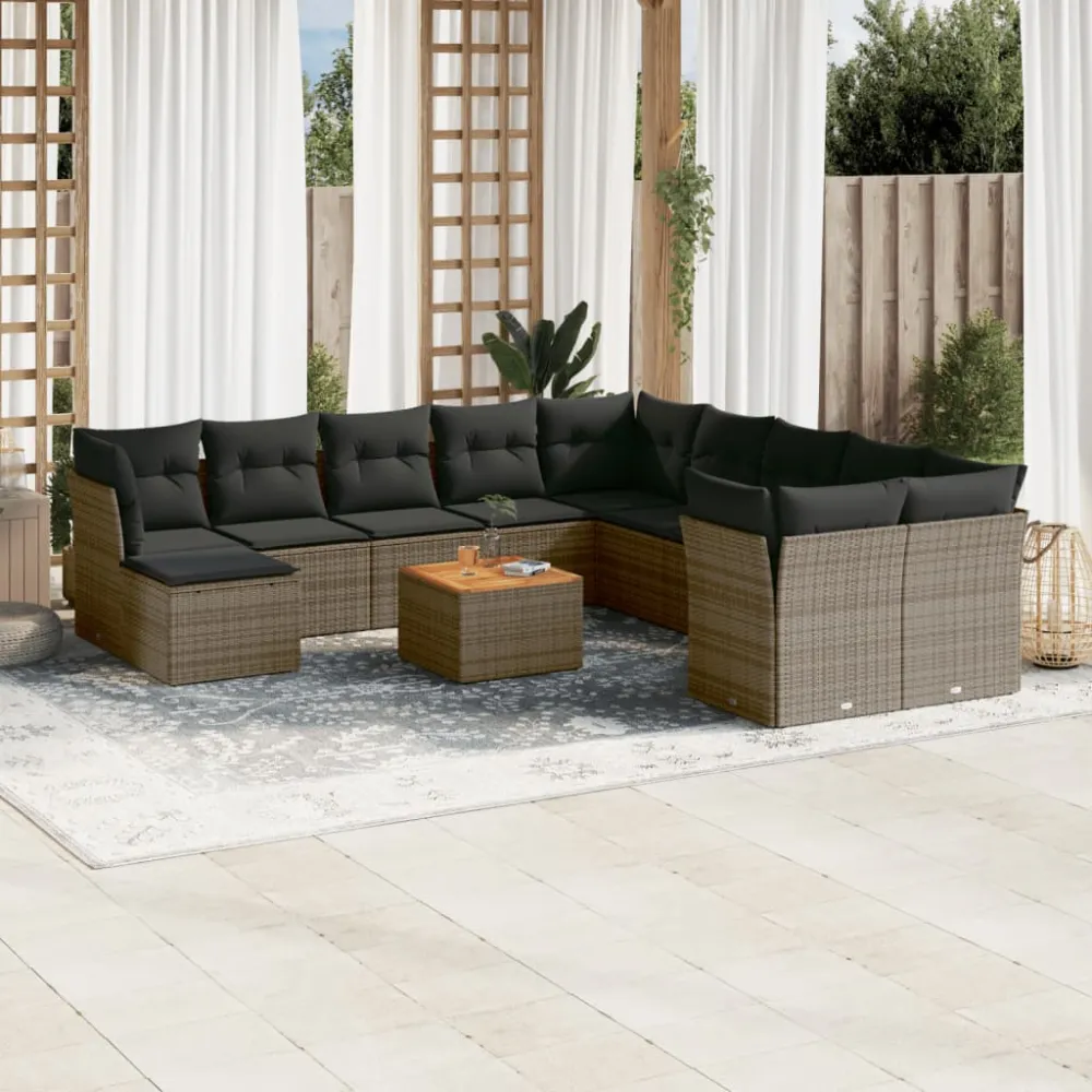 12-delige Loungeset met kussens poly rattan grijs vidaXL