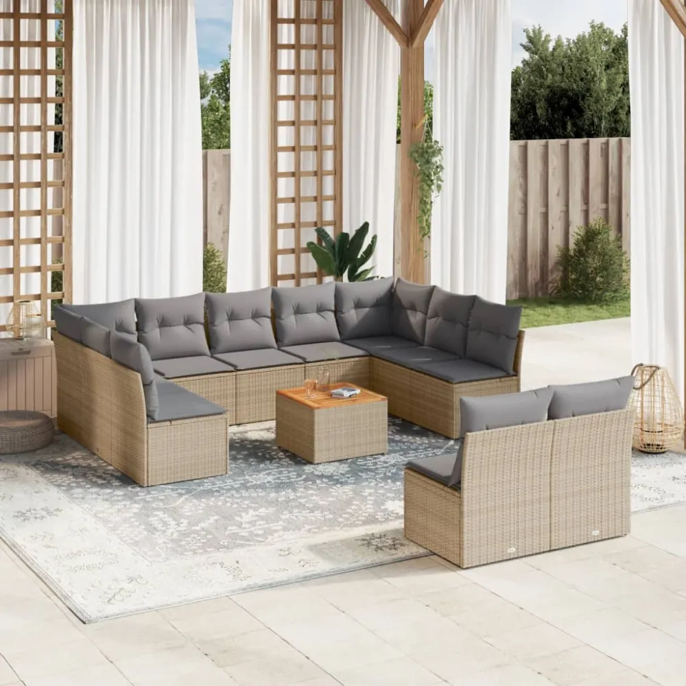 12-delige Loungeset met kussens poly rattan beige vidaXL