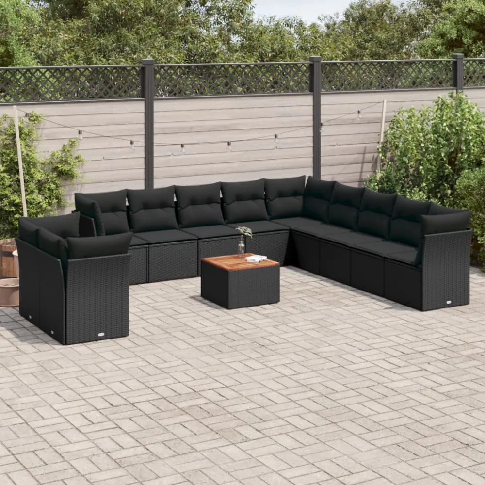 12-delige Loungeset met kussens poly rattan zwart vidaXL