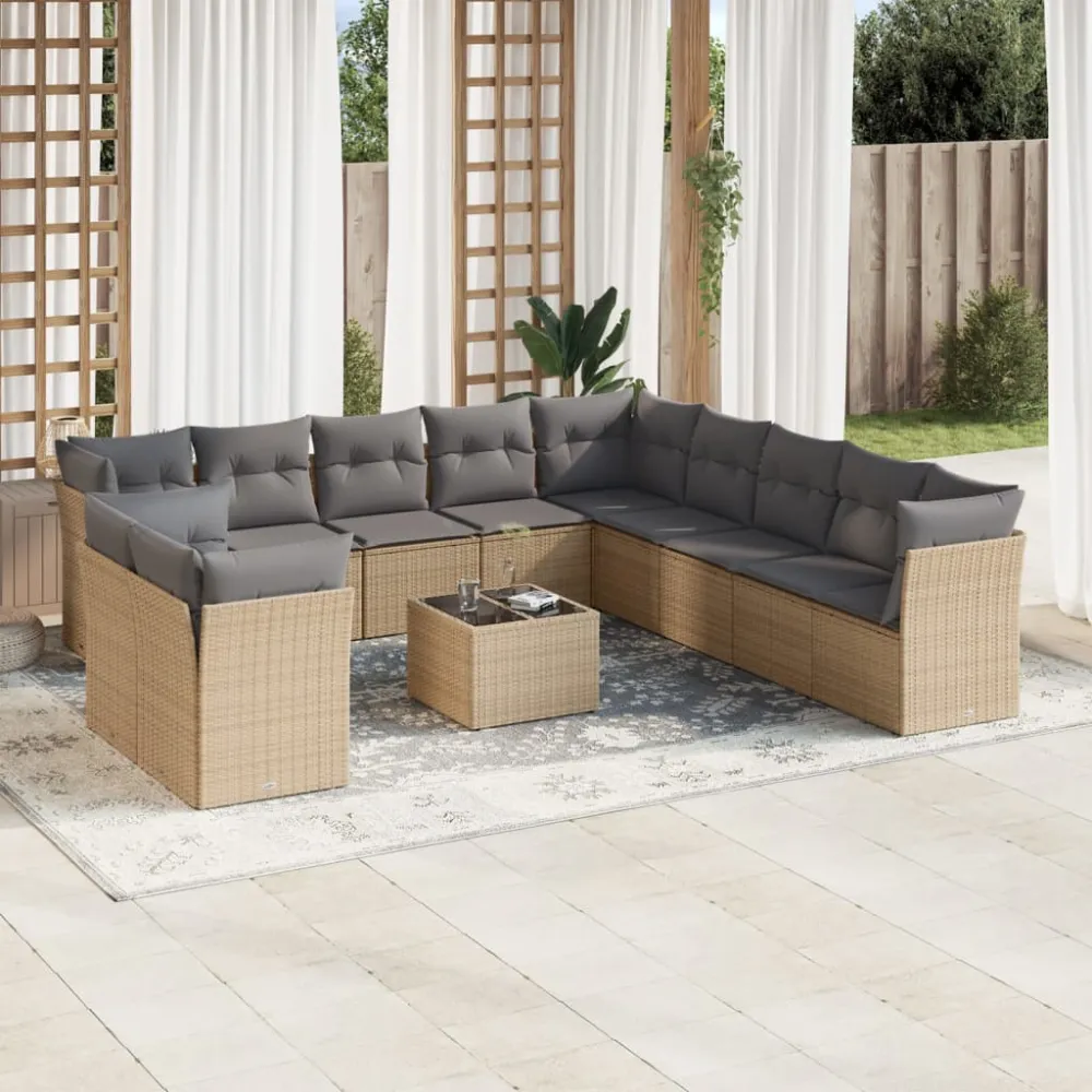 12-delige Loungeset met kussens poly rattan beige vidaXL