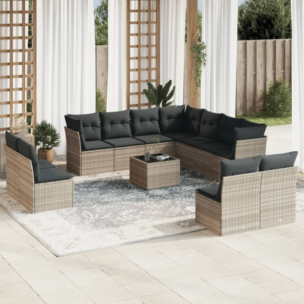 12-delige Loungeset met kussens poly rattan lichtgrijs vidaXL