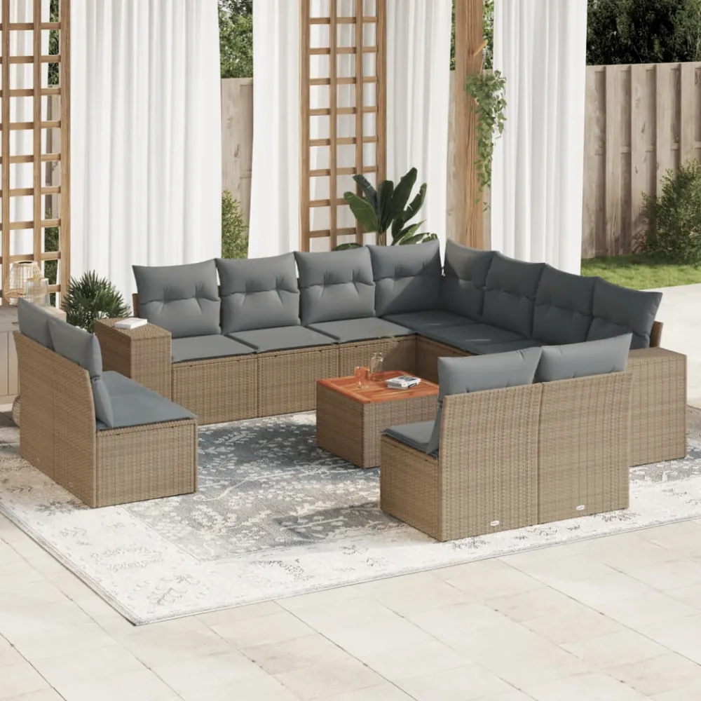 12-delige Loungeset met kussens poly rattan beige vidaXL