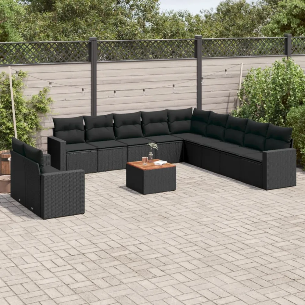 12-delige Loungeset met kussens poly rattan zwart vidaXL