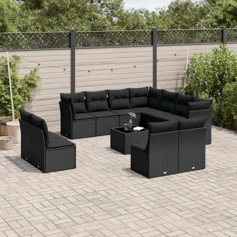 12-delige Loungeset met kussens poly rattan zwart vidaXL