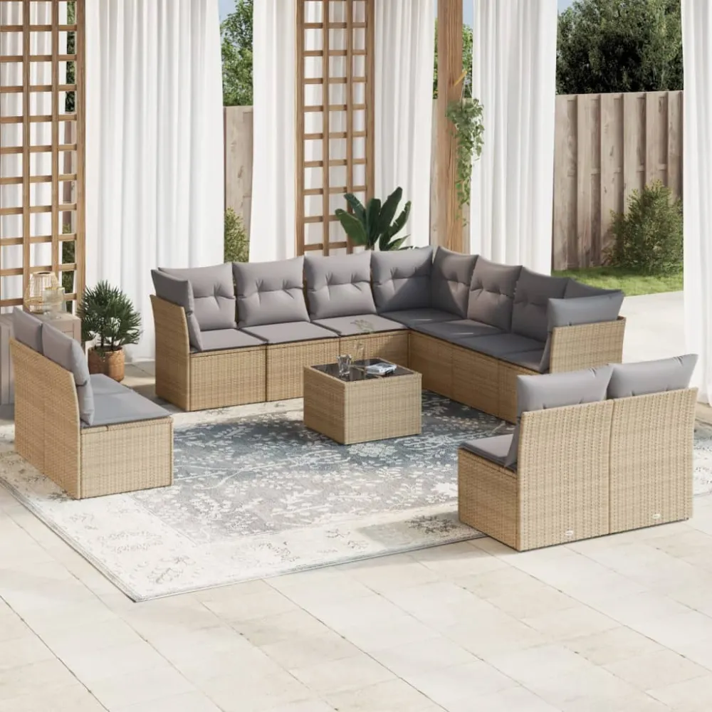 12-delige Loungeset met kussens poly rattan beige vidaXL