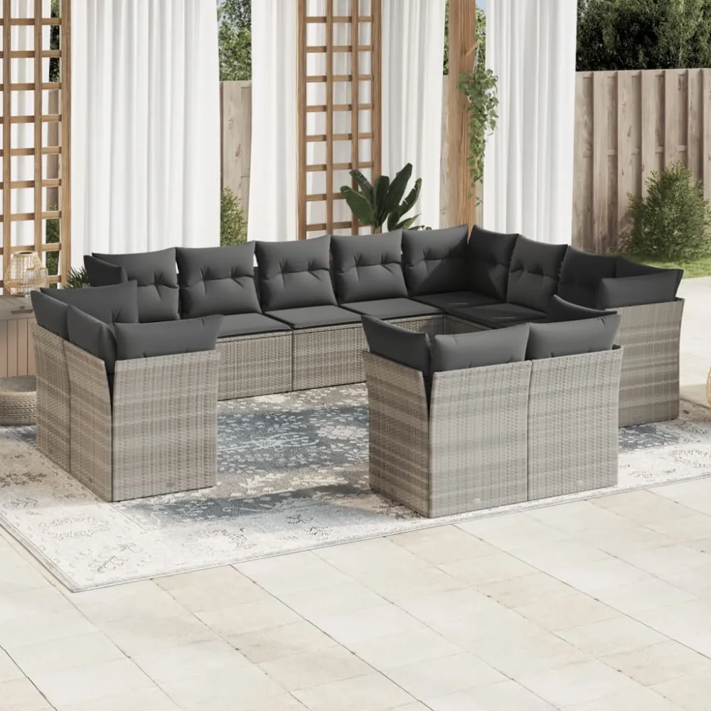 12-delige Loungeset met kussens poly rattan lichtgrijs vidaXL