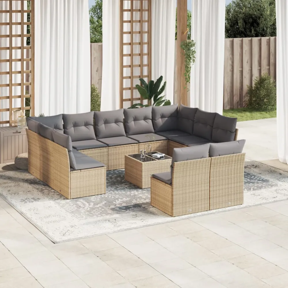 12-delige Loungeset met kussens poly rattan beige vidaXL