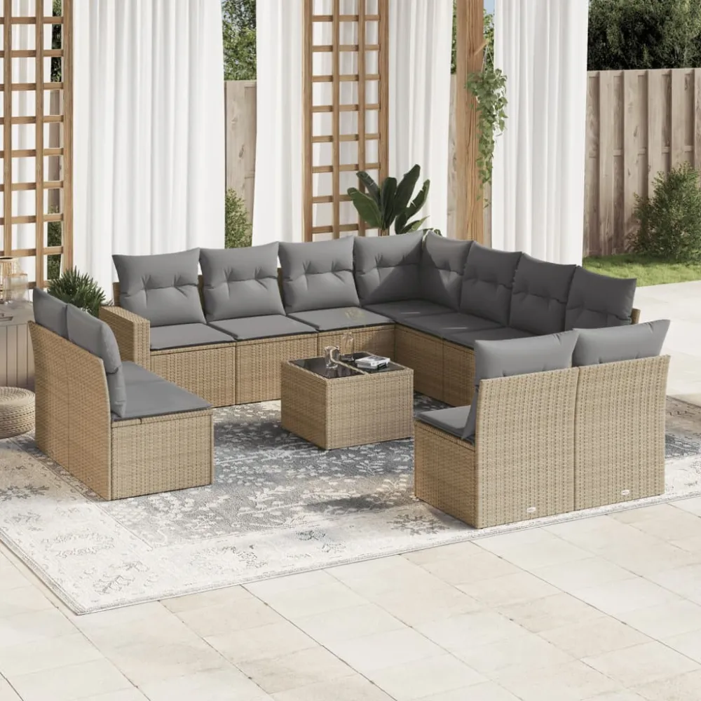 12-delige Loungeset met kussens poly rattan beige vidaXL