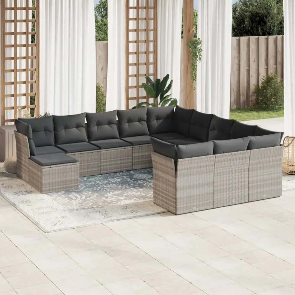 12-delige Loungeset met kussens poly rattan lichtgrijs vidaXL
