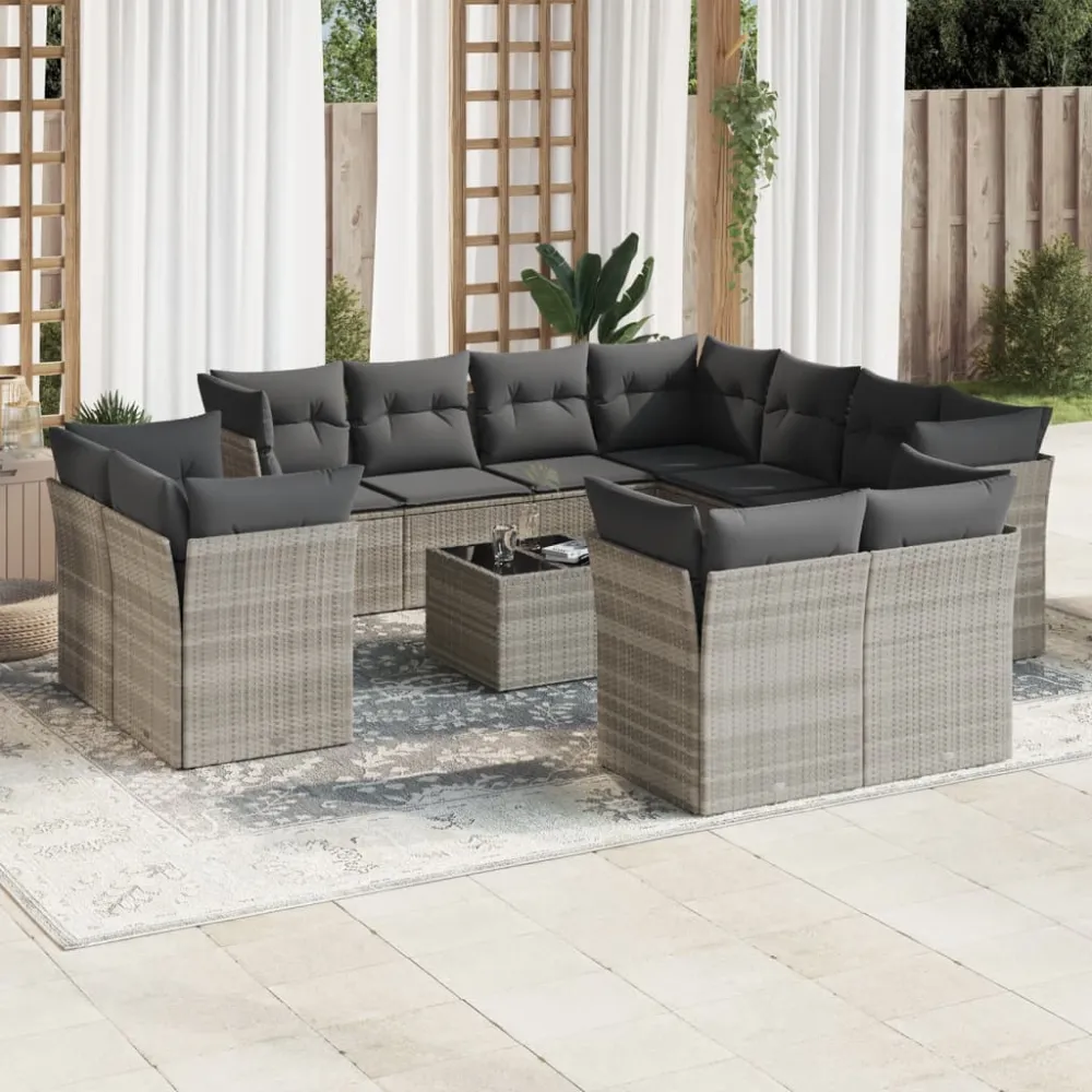 12-delige Loungeset met kussens poly rattan lichtgrijs vidaXL