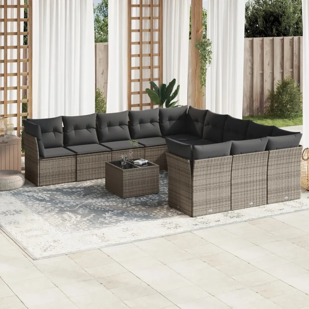 12-delige Loungeset met kussens poly rattan grijs vidaXL