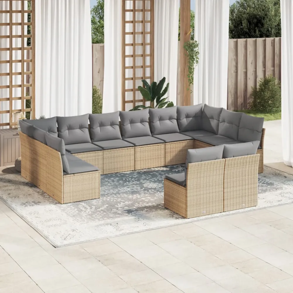 12-delige Loungeset met kussens poly rattan beige vidaXL