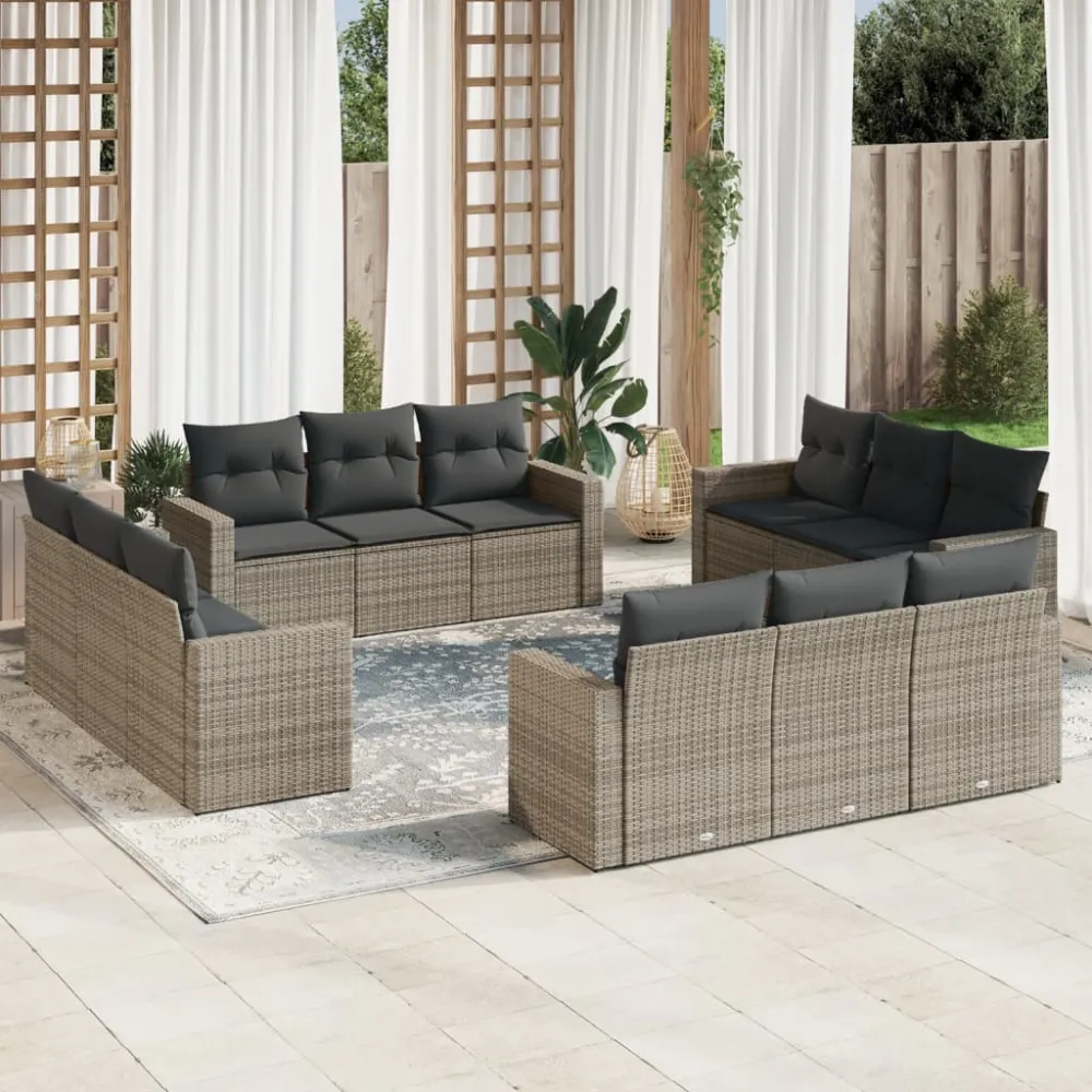 12-delige Loungeset met kussens poly rattan grijs vidaXL