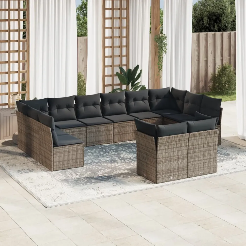 12-delige Loungeset met kussens poly rattan grijs vidaXL