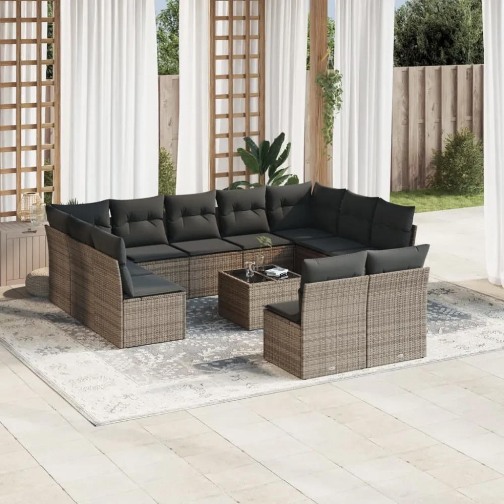12-delige Loungeset met kussens poly rattan grijs vidaXL