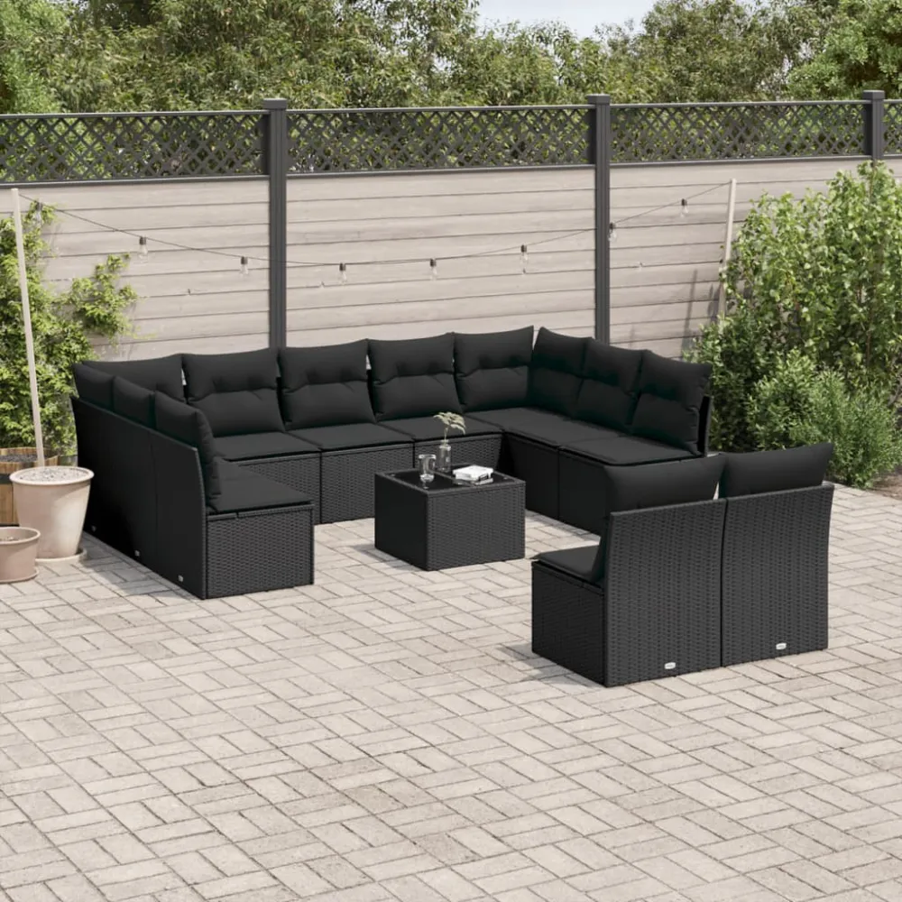 12-delige Loungeset met kussens poly rattan zwart vidaXL