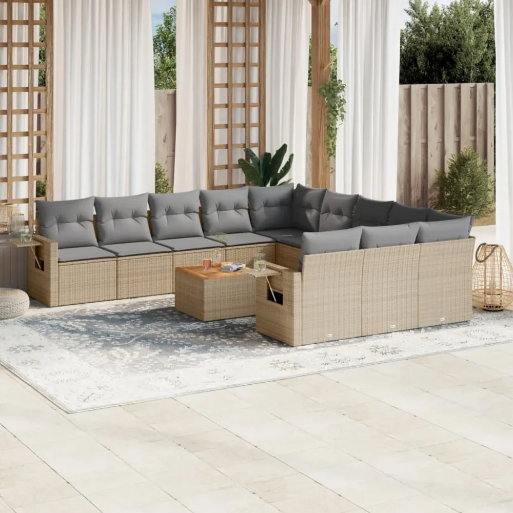 12-delige Loungeset met kussens poly rattan beige vidaXL
