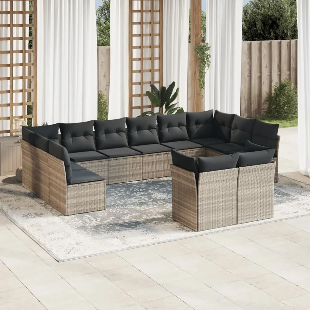 12-delige Loungeset met kussens poly rattan lichtgrijs vidaXL