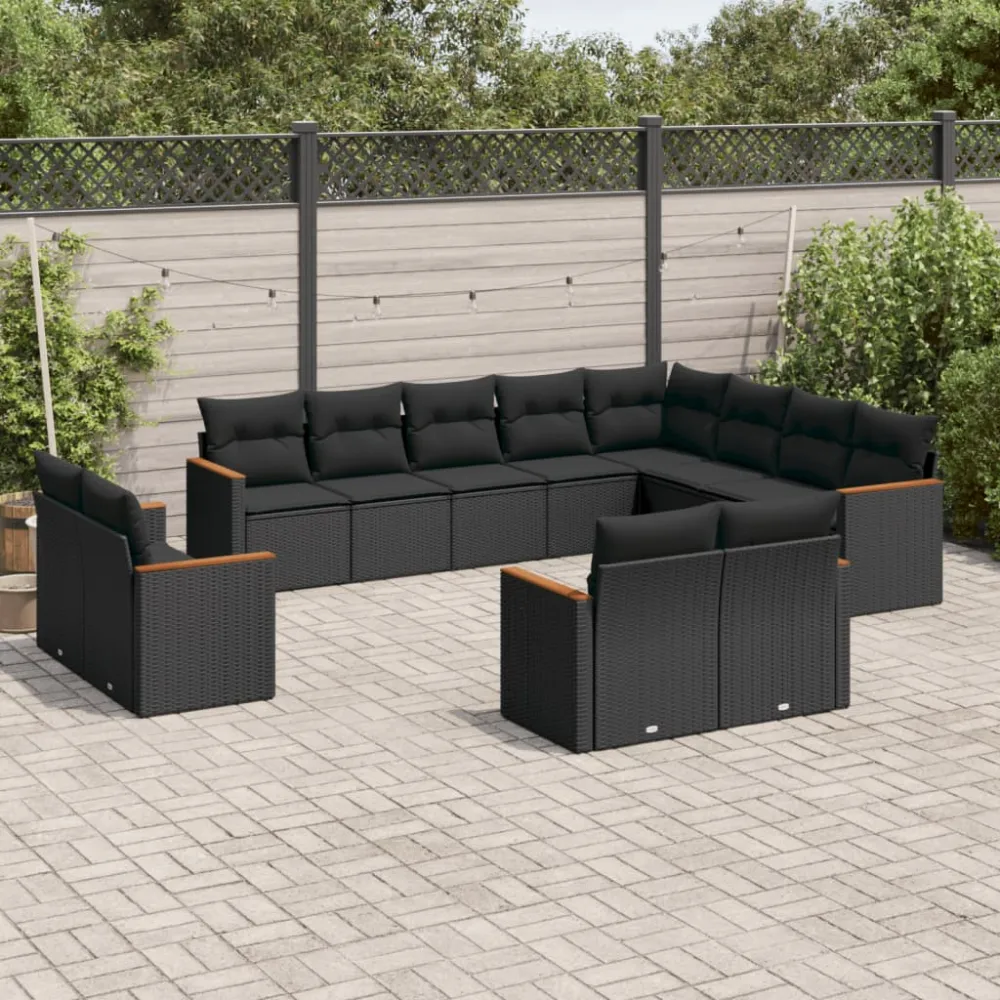12-delige Loungeset met kussens poly rattan zwart vidaXL