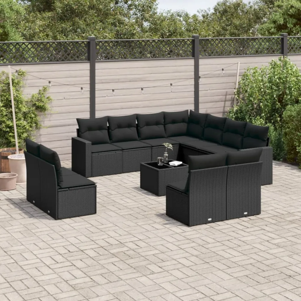 12-delige Loungeset met kussens poly rattan zwart vidaXL
