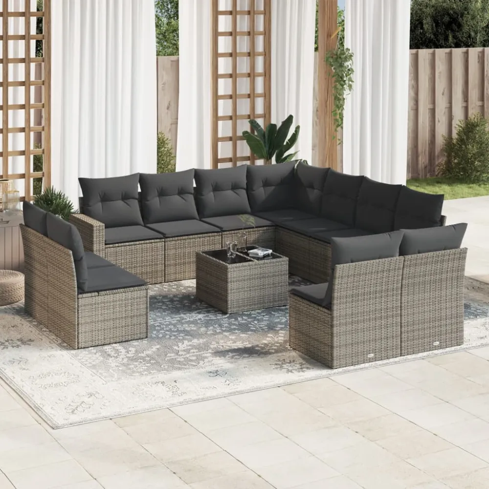 12-delige Loungeset met kussens poly rattan grijs vidaXL