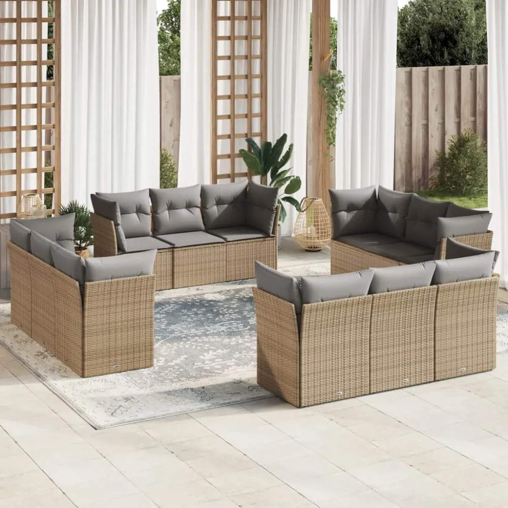 12-delige Loungeset met kussens poly rattan beige vidaXL
