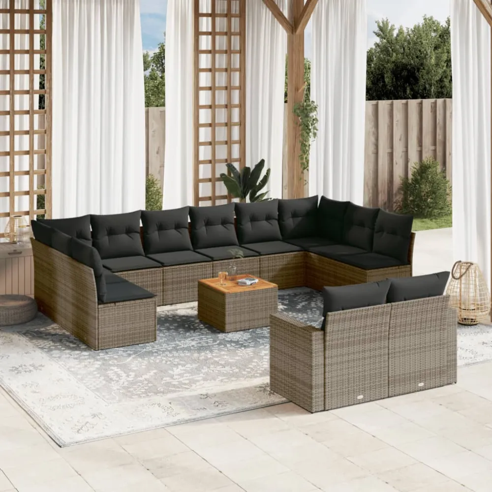 13-delige Loungeset met kussens poly rattan grijs vidaXL