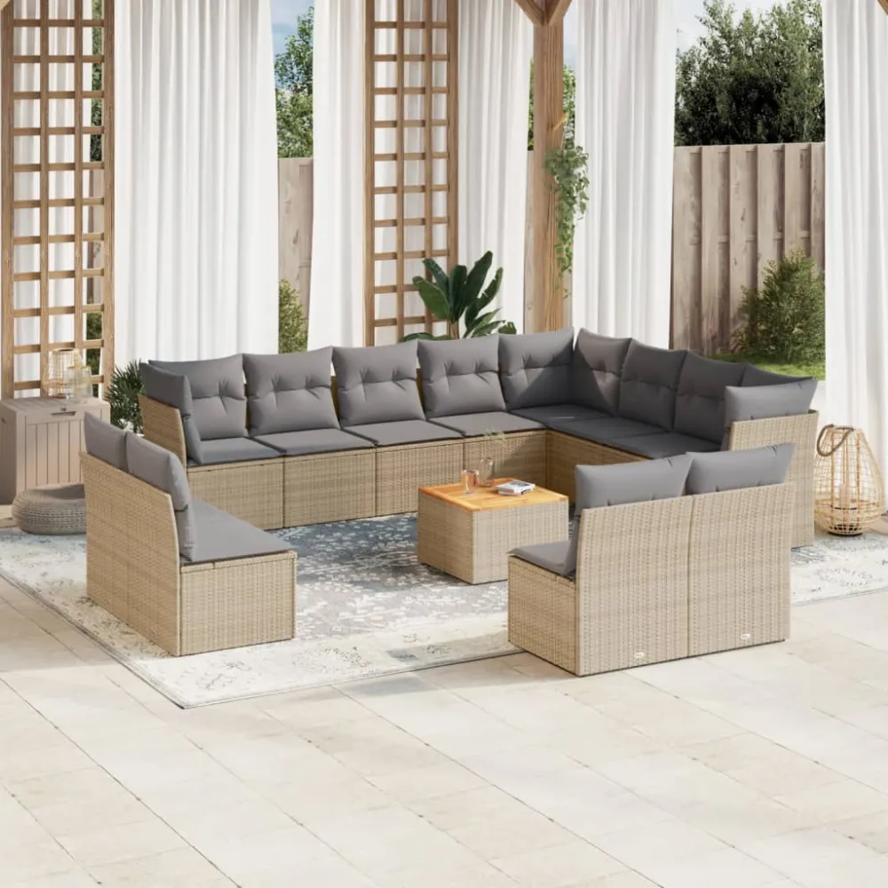 13-delige Loungeset met kussens poly rattan beige vidaXL