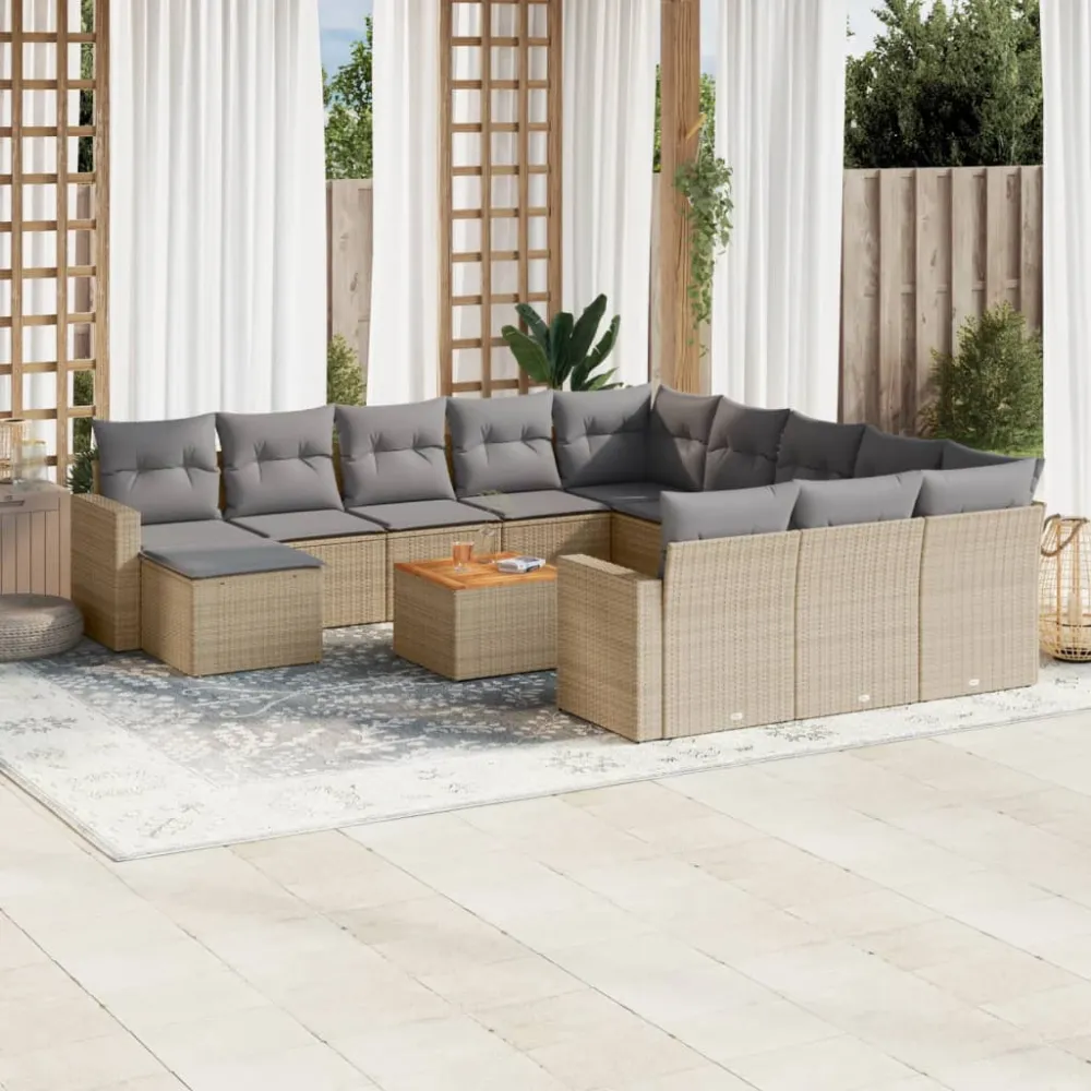 13-delige Loungeset met kussens poly rattan beige vidaXL