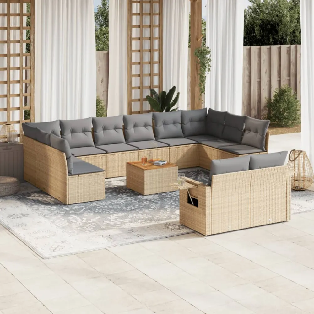 13-delige Loungeset met kussens poly rattan beige vidaXL