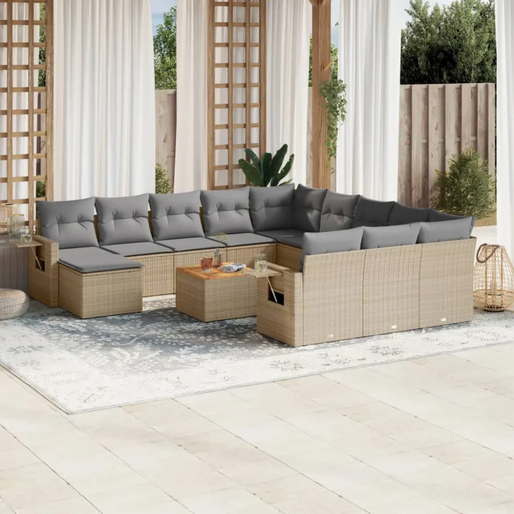 13-delige Loungeset met kussens poly rattan beige vidaXL