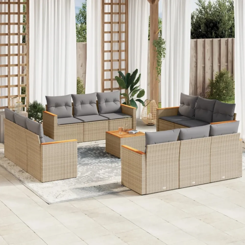 13-delige Loungeset met kussens poly rattan gemengd beige vidaXL