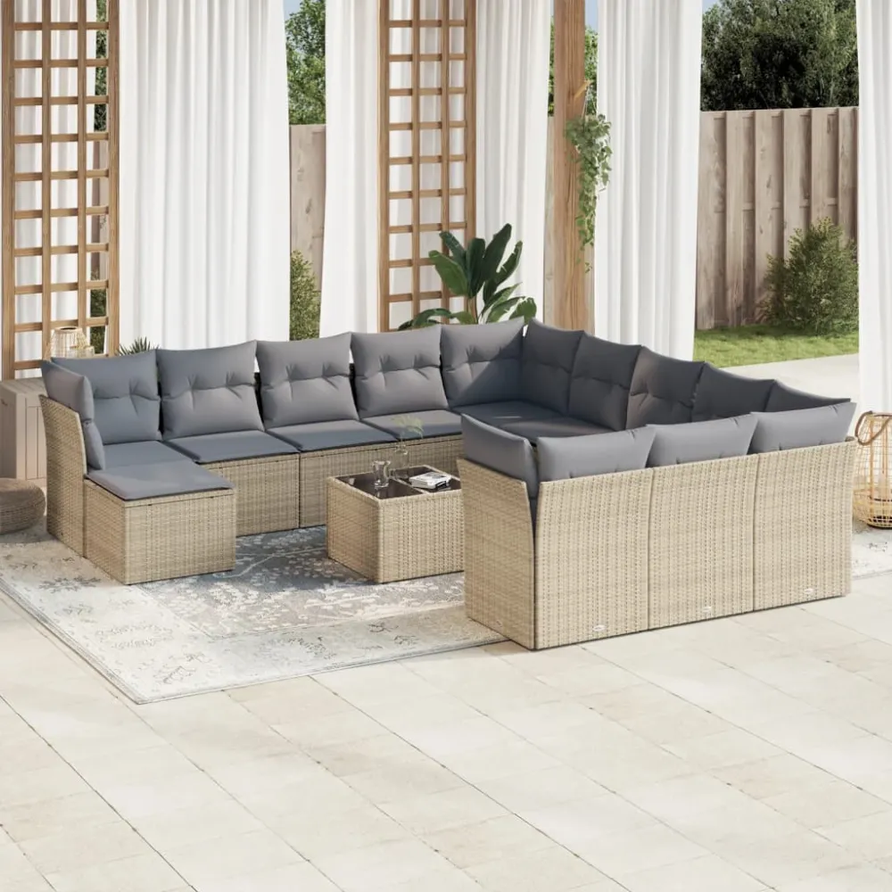 13-delige Loungeset met kussens poly rattan beige vidaXL