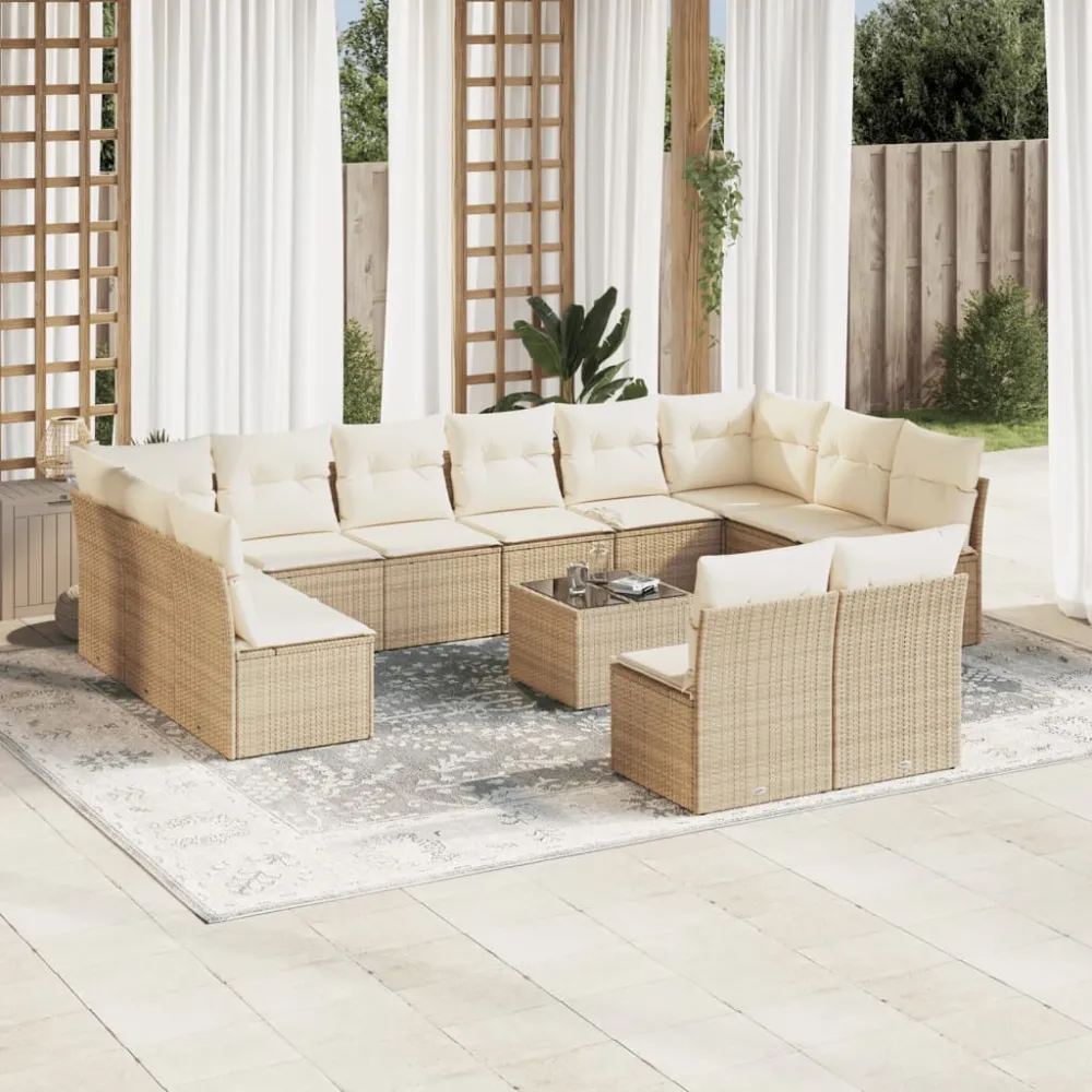 13-delige Loungeset met kussens poly rattan beige vidaXL