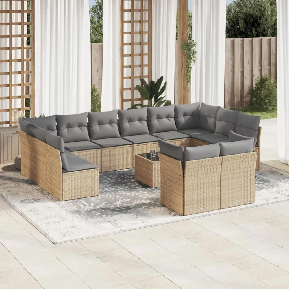 13-delige Loungeset met kussens poly rattan beige vidaXL