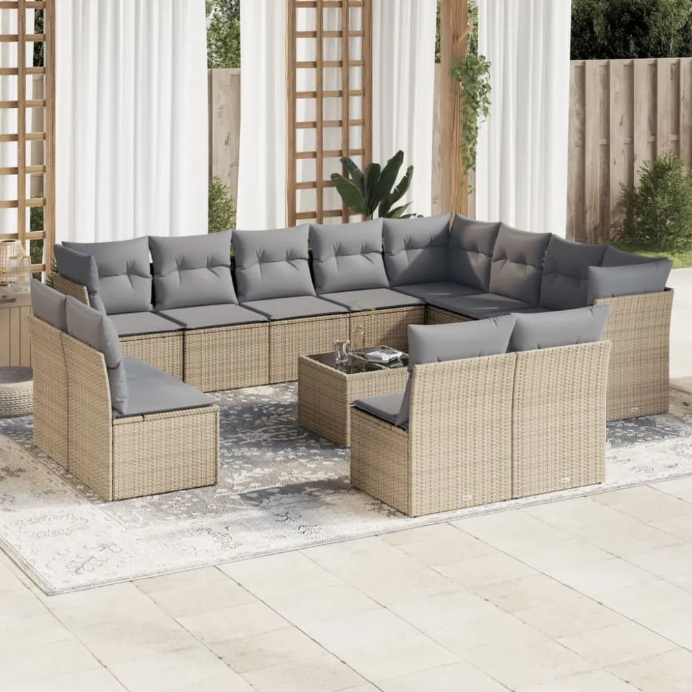 13-delige Loungeset met kussens poly rattan beige vidaXL