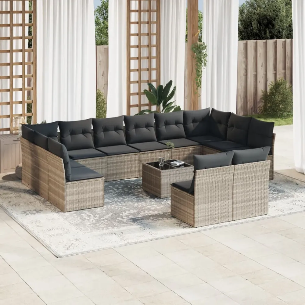13-delige Loungeset met kussens poly rattan lichtgrijs vidaXL