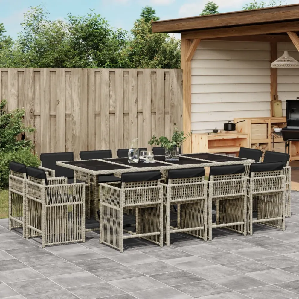 13-delige Tuinset met kussens poly rattan lichtgrijs vidaXL