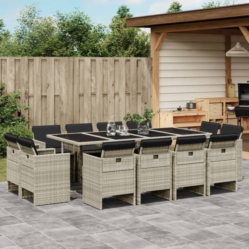 13-delige Tuinset met kussens poly rattan lichtgrijs vidaXL