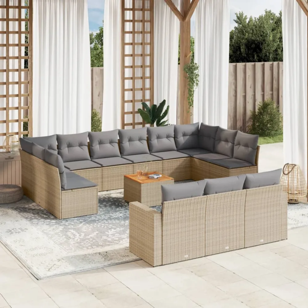 14-delige Loungeset met kussens poly rattan beige vidaXL
