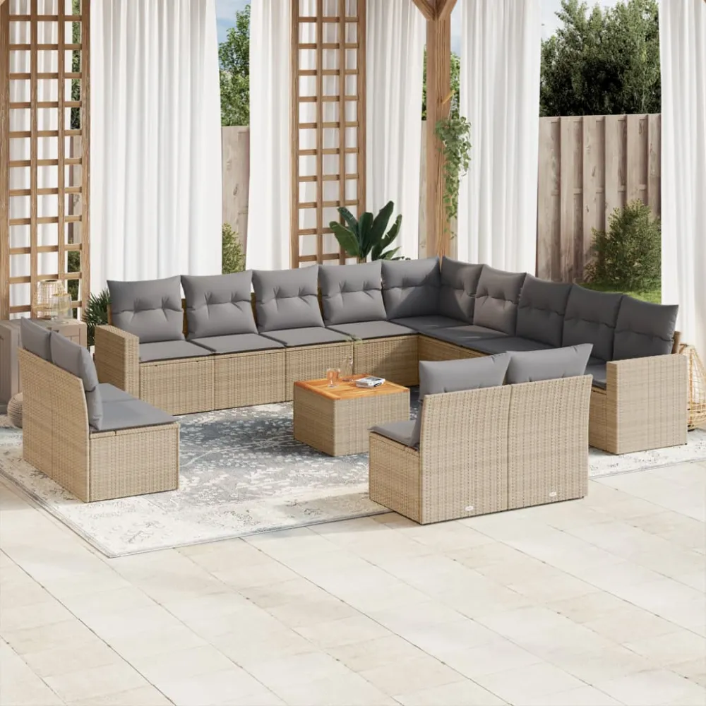 14-delige Loungeset met kussens poly rattan beige vidaXL