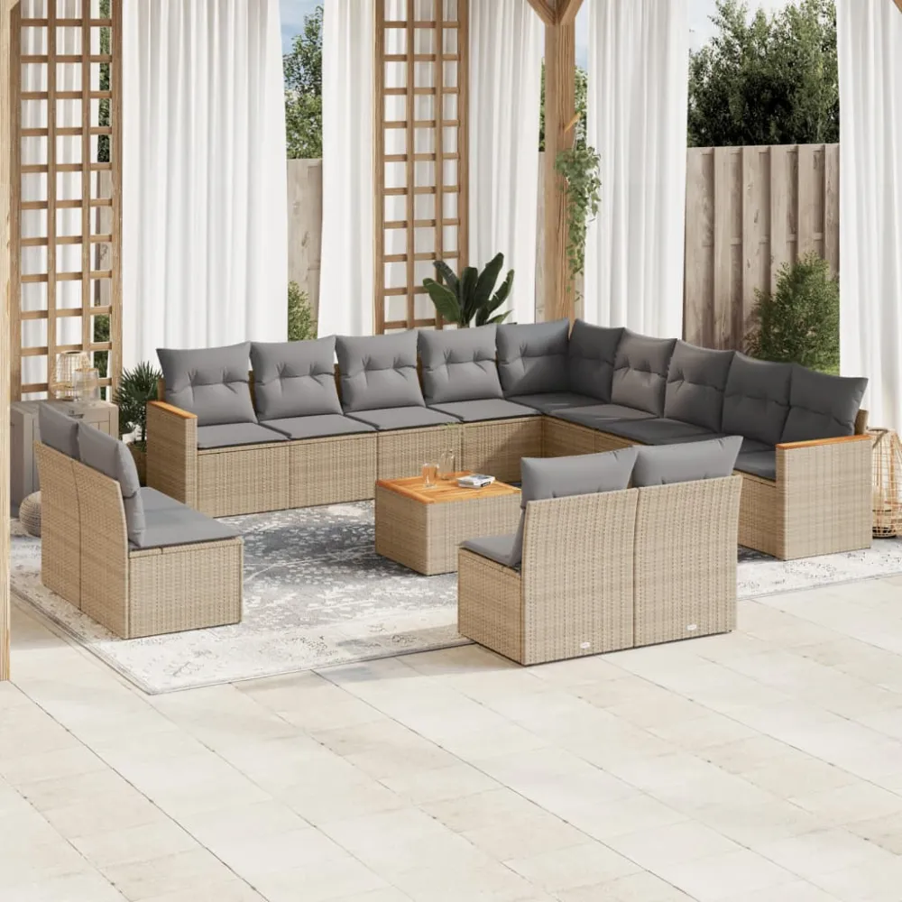 14-delige Loungeset met kussens poly rattan gemengd beige vidaXL