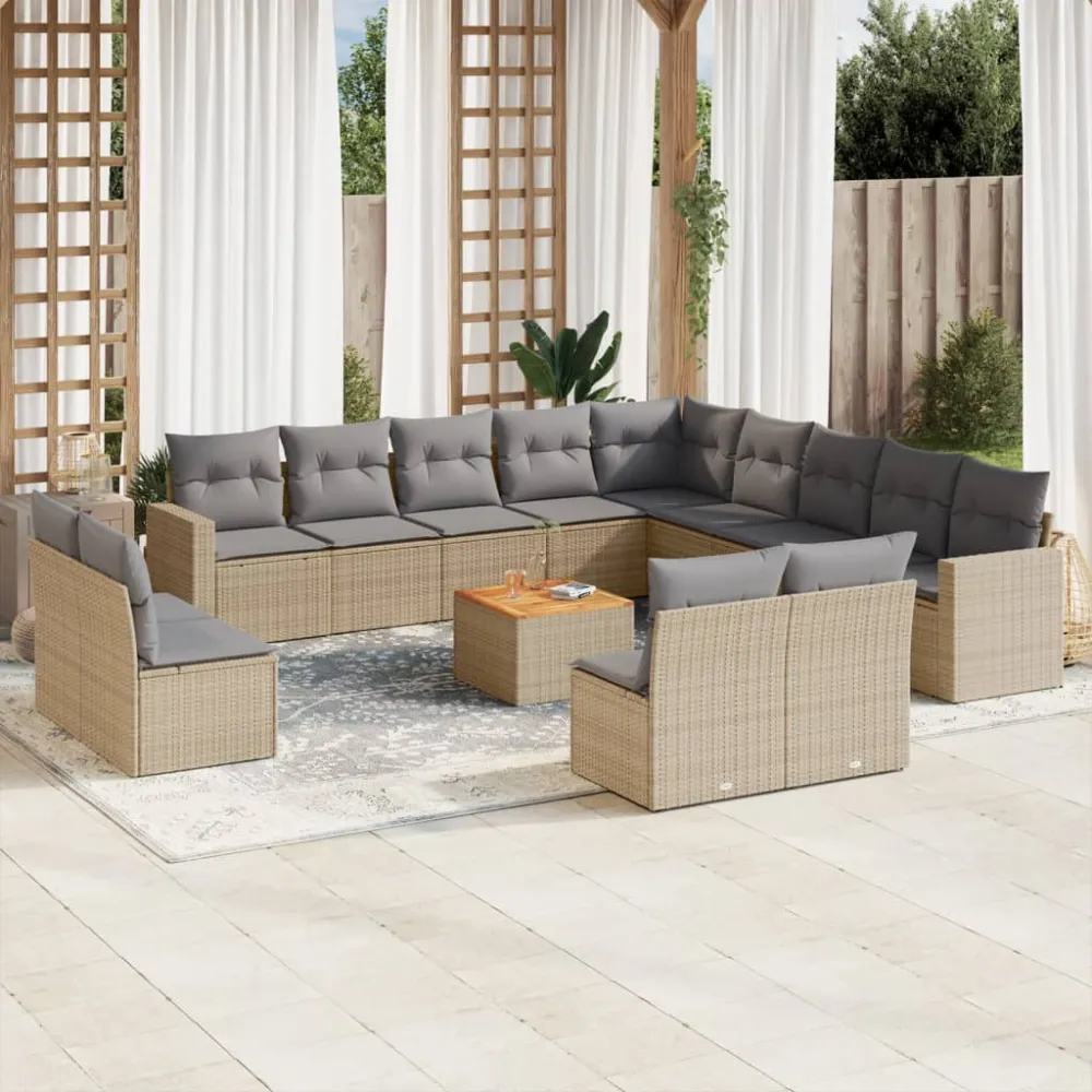 14-delige Loungeset met kussens poly rattan gemengd beige vidaXL