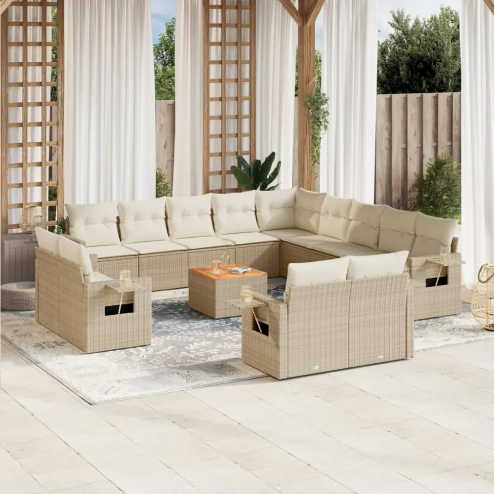 14-delige Loungeset met kussens poly rattan beige vidaXL