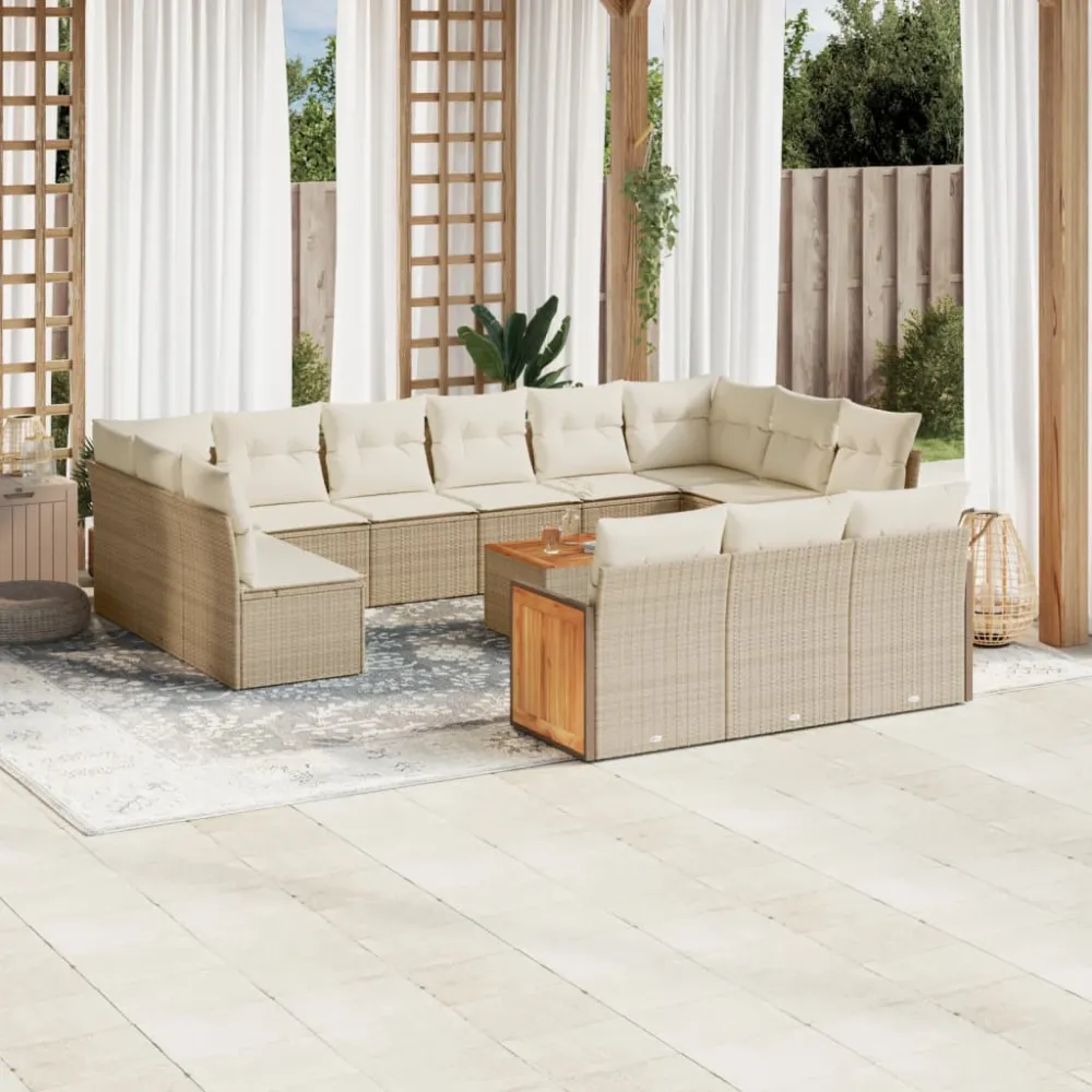 14-delige Loungeset met kussens poly rattan beige vidaXL