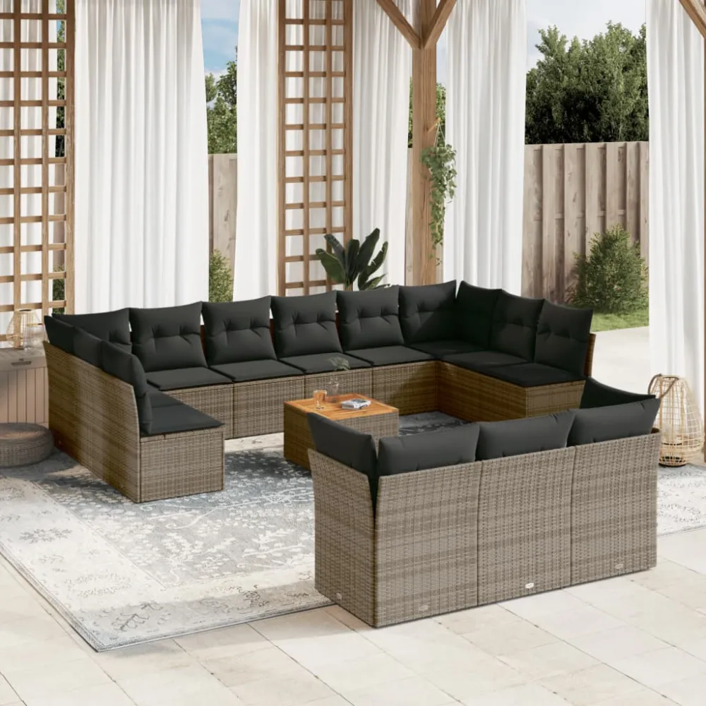 14-delige Loungeset met kussens poly rattan grijs vidaXL