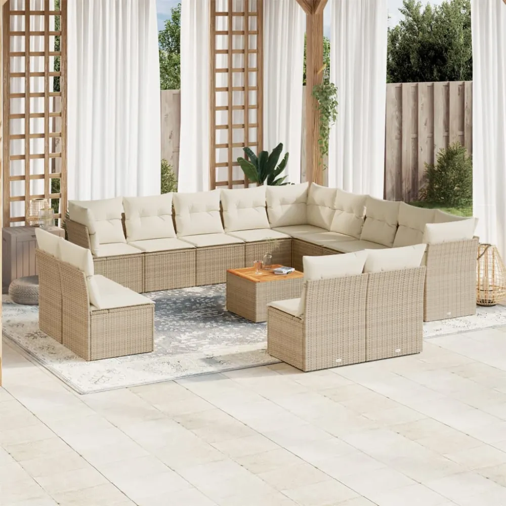 14-delige Loungeset met kussens poly rattan beige vidaXL