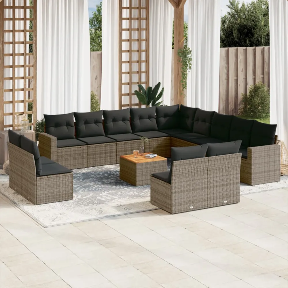 14-delige Loungeset met kussens poly rattan grijs vidaXL