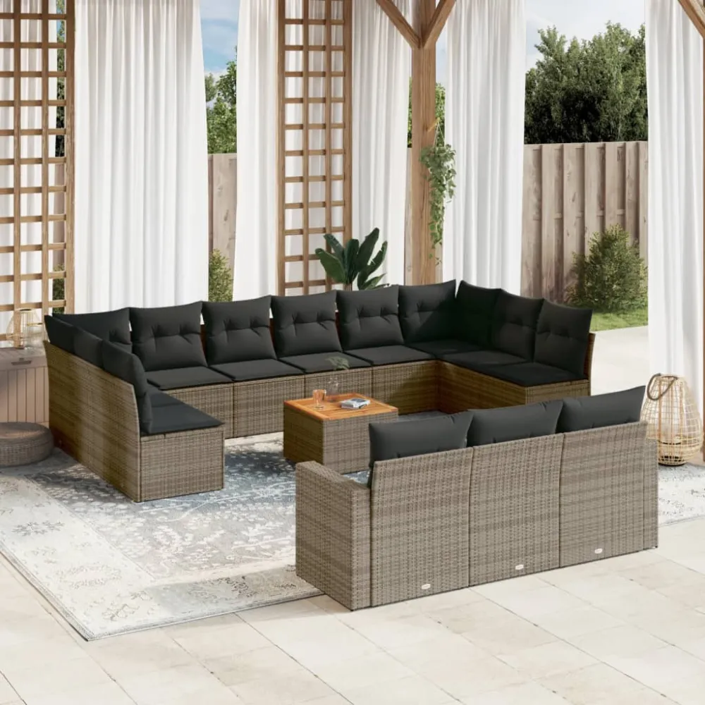 14-delige Loungeset met kussens poly rattan grijs vidaXL