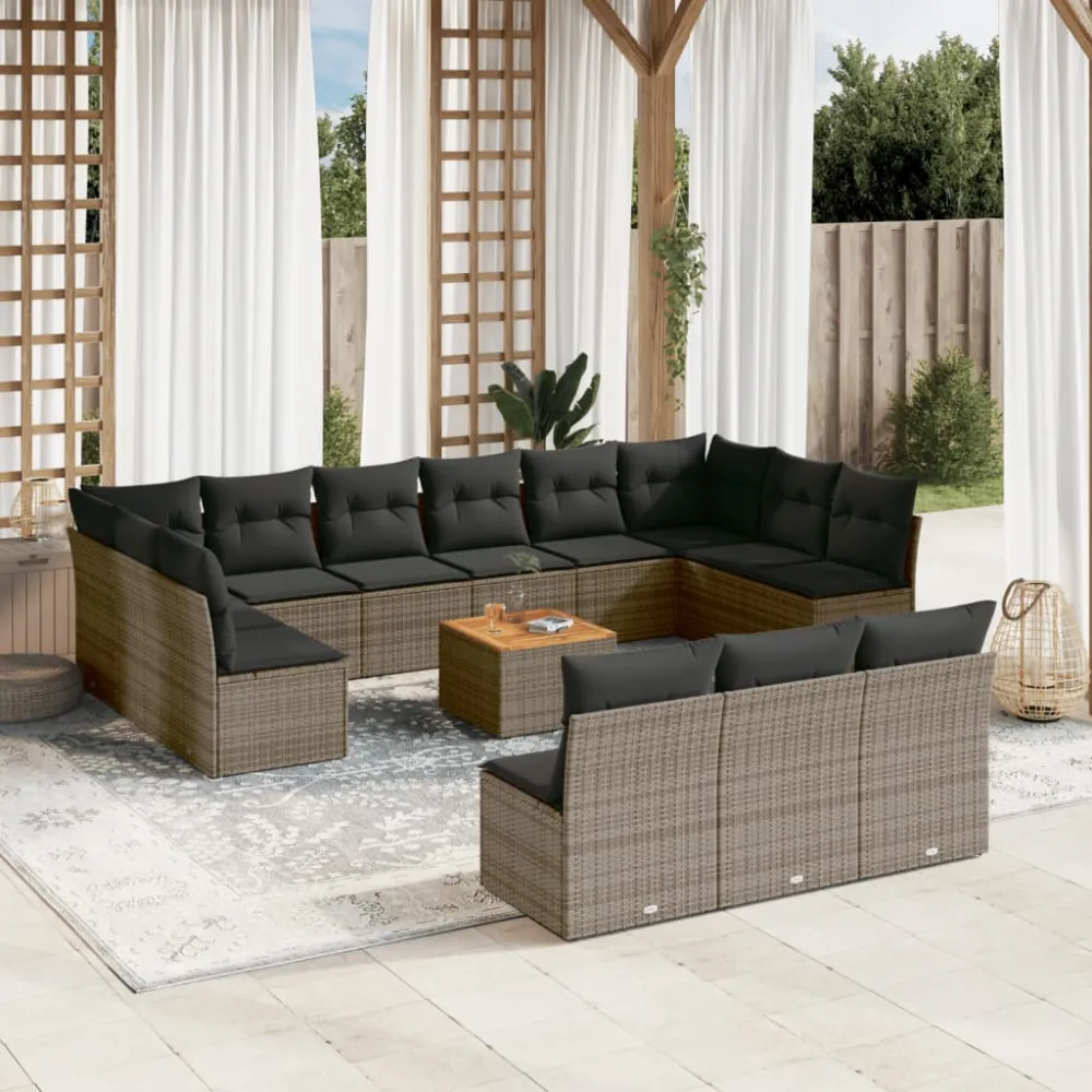 14-delige Loungeset met kussens poly rattan grijs vidaXL